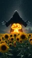 Placeholder: A field of random sunflowers with bright lighting , at the end of the picture is a deep night dark with stars sky background the universe with a huge nuke explosion behind the explosion a very large open arms dark scary shadow of a black hooded creature