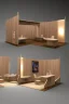 Placeholder: Corner exhibition stand in light colors with wood elements with two meeting areas