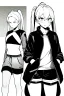 Placeholder: blonde girl with ponytails dressed in a jacket and shorts walks angry, greyscale