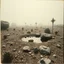 Placeholder: A striking quality close-up polaroid photograph captures a surreal wasteland with odd stones, pond, odd spindle-shaped objects, spooky, obsessive, paranoid, intricate, creepy, details of the dust very accentuated, glossy, organic, adorned with minerals and rocks, fog. Bathed in feeble light, eerie, Yves Tanguy style, black sun, fog, volumetric light, octane render