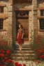 Placeholder: A beautiful girl standing in classic old building with bricks stones texture with a balcony filled with red poppies growing out of it , oil colors drawing with Busch painting style