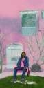 Placeholder: Snoop dogg, sitting. a chair. pink houses, pink sky, pink smoke, trees, outdoors. Groove street. 28mm