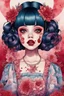 Placeholder: singer Melanie Martinez face, blood, guts, wildflower, cosmic, futuristic, iridescent, intricate, behind made background liquid, watercolor illustration by <Katsushika Hokusai>, darkred tones,