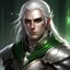 Placeholder: Please create an image for a young elven male with light brown skin, silver hair, and green eyes. He is wearing leather armor