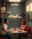 Placeholder: Realistic scene, American shot view, 0 gravity, levitating man and woman sitting in cafeteria and having breakfast, Wes Anderson, fly, floating, soft color, highly detailed, unreal engine 5, ray tracing, RTX, lumen lighting, ultra detail, volumetric lighting, 3d, finely drawn, high definition, high resolution.