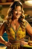 Placeholder: Gina Rodriguez cooking, first transformation hits. Torso undergoes change: golden radiance, pronounced curves, idealized Germanic aesthetic, dirndl-clad, embroidered details, blonde allure, traditional elegance, cooking in transformed grace, enchanting essence, harmonious blend, ethereal energy, vibrant transformation, mesmerizing allure, sophisticated refinement, cultural charm.