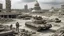 Placeholder: Israeli soldiers and tanks stand on a very large chessboard in the middle of a destroyed city