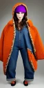 Placeholder: Brunette woman.thick thighs,thick calves,normal bodytype. big head. Mantle is sewed of upcycled Denim and sewed together of camouflage pieces. Colors are orange,red, cream and purple and various denim colors. It is with big bright purple felt tippet and cream-colored-hood. mantle is merged with satchel, ochre. AKG-style headphones (gold rings!) is merged with small felt cap with visor. Style: Haute Couture in 1950's, N.Y.C fashion in 2024, inspired by street art. Cream latex gaiter. Tennis shoes