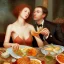 Placeholder: A girl eating a meal with her lover who is having an erection