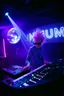 Placeholder: French cool synth player with crazy techno acid hair, he is called "Jean-Maurice Brûlée" performing at dance club, his name is "Jean-Maurice Brûlée" , white and purple Neon lights and purple smog, and "URINIUM" big sign on the wall, he is playing on synthesizers on stage with lot of laser beams and wearing black sunglasses, an earth is projected in background