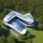 Placeholder: Vista aérea Casa campestre de cristal, estilo Zaha Hadid, ventanas de vidrio azul, Arte digital, calidad ultra, 8k, 3D, clima claro