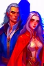 Placeholder: A couple, from the dnd game curse of Strahd. The woman has long white hair and blue eyes, the man has LONG BLACK hair and red eyes, no facial hair. He is standing protectively behind her.