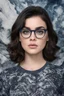 Placeholder: cross-eyed Lucy Hale/Tom Selleck hybrid, , 4k UHD, photorealistic, ((big, full, plump, pouty lips:1.5)) black hair, big cat-eye eyeglasses, dark blue foggy gradated marble wall background