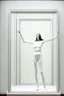 Placeholder: a tall slender woman is standing in front of a large white picture frame displayed on the wall of an art gallery. The frame is traditional in style but looks like and has the texture of white clay. Her arms are outstretched like da vinci’s vetruvian man, and the length of her arms and body corresponds to the width of the picture frame. Her feet are perched on a surreal small shadow rock and it looks like she is floating above calm water. The picture is without canvas but an abstract landscape em