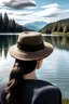 Placeholder: woman looking at a lake with a hat