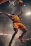 Placeholder: 8k, highly realistic and detailed image of a NBA basketball player in action dunking the ball in the net, sweaty hair, screaming look,action and smoke and flames background