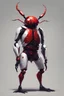 Placeholder: metallic red battle beetle, anthro, humanoid, wearing a white t-shirt and black shorts, standing, realistic digital art style