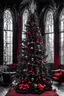 Placeholder: A goth style black Christmas tree placed in a big elegante living room next to a large gothic window with big red velvet curtains. The tree is adorned with numerous silver-black colored ornaments, Christmas burning garland, and on the top a big silver skull with lighting eyes, dark, crepy-stunning atmosphere. Deep color, red-black-silver and pine branch decorations in the room , pale lights, and various blac-silver-gold xmas gift boxes under the Christmas tree