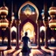 Placeholder: Hyper Realistic Man Praying & Ramadan Lights inside a beautiful mosque at night