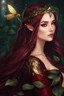 Placeholder: Burgundy hair, dark hair,dark red , rapunzel hair,very long hair,dark fairy princess,elven crown,night,dragonflies,beautiful,ong ashes,golden armor ,sparkle,night blooming,ivy,dark green,lilly of valley,golden elven crown,elven warrior,dark gold armor