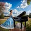 Placeholder: fullbody girl makeup wearing a victorian dress sitting to a grand piano in country side ,flowers ,pretty clouds in blue sky