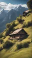 Placeholder: old wooden house in a hill, in the center, one house, sky above, mountain, chill, vibrant