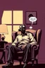 Placeholder: 6 panel comic page of a man in a gas mask sitting in a wingback chair, graphic novel
