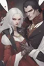 Placeholder: Vampire count Strahd Von Zarovich has long black hair and red eyes, with a woman with white hair