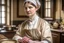 Placeholder: ww1 woman cook talking close-up standing up looking to the camera, ww1 mansion kitchen background