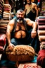 Placeholder: close up photography of a burly beefy strong 40-year-old Turk in Istanbul bazaar, shirtless, selling carpets sitting on a pile of carpets, biig shoulders, manly chest, very hairy, side light,