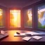 Placeholder: desk, parquet, paper, little pen, in front of one huge bay window with large view on a waterfall with warm light, sunset ,pixar style, panorama, nature, HD