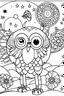 Placeholder: HAPPY NEW YEAR coloring page for kids, A cute snowy owl watching fireworks in a starlit sky , cartoon style, thick outline, low details, no shading, no color