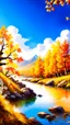 Placeholder: view of autumn mountain landscape at the golden hour with clouds at the sky on a river with autumn branch ,leaves and white flowers on the side ,oil paint style