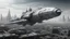 Placeholder: a photorealistic sleek silver spaceship flying over a ruined city