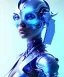 Placeholder: A beautiful portrait of a cute cyborg woman blue color scheme, high key lighting, volumetric light high details with white stripes and feathers and indian paterns and wimgs