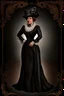 Placeholder: warm but stern aunty victorian era, posh british accent influenced, high born facial features dnd character on a solid black background, full body image, high quality realistic.