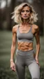 Placeholder: photography of a beautiful anorexic woman, grey satin sports bra, sports illustrated, blond short wavy bob haircut, pronounced sternum, grey running leggins