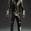 Placeholder: Full body man using A high detailed 3d render of a black and gold long black leather jacket.