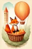 Placeholder: Color illustration of a ultra photo realistic happy red fox sitting "inside" a detailed wicker basket which is hanging below a perfect round orange colored hot air ballon nothing should be hanging from the basket, full image of hot air ballon, every element; fox, wicker basket, ballon should be in proportion to one another, in the background you can see the leaning tower of Piza