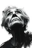 Placeholder: A surreal digital painting of an old woman's face abstract black and white brushstrokes and pixelated glitches. Her eyes looking up , looks sad as if lost in a dream or transcending reality. The background is minimalist, emphasizing the contrast . High-detail, high-resolution, monochrome with soft lighting and dramatic contrast.