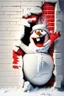 Placeholder: 3d Christmas snowman, breaking out through a wall, plaster texture, white and red, 3d background