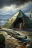 Placeholder: crocodile rocket living in a tent in the arctic, prize winning oil painting