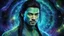 Placeholder: beautiful gorgeous young man na'vi with long hair, Avatar, blue skin, two small ears, green eyes, black hair, in cosmic suit, galactic ambiance, medium pointy goatee , smiling, nebulas and sacred geometry light figures on the backgroud,