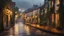 Placeholder: A rain-soaked cobbled street, in a picturesque сity, lights in the windows, trees along the street, very subdued light meticulously detailed, hyperrealistic. Depth of field, distant mist, elegant fantasy attractive beautiful fantastic view crisp fantastic view SALVADOR DALI atmosphere mood picturesque rain sunset village intricate very attractive dramatic attractive, evening time, late autumn, wet brush effect, intricate, intricate painting by Guido Borelli da Caluso, Ferdinand Knab, Ernst Haeck