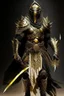 Placeholder: Arab warrior Full Body Full Armored Wearing Face Mask Iron Masculine Mysterious Powerful Fantasy High Quality Carrying Sword Golden clothes