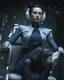 Placeholder: pale beautiful female, dark bun hair, wearing high tech blue navy officer outfit with skirt, sitting on high tech scifi chair, photorealistic, bokeh, both arm resting on the chair