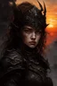 Placeholder: A formidable warrior girl in black armor, on the background Amazing gloomy landscape, flooded with sunset, mountains, trees, fabulous scary hero, , juicy emotions, painting, dark fantasy, gloomy day, dark world, portrait, Gothic Town At Night, Fantasy, Intricate Details, Castle Courtyard Gardens, Hyper Detailed, Jean Baptiste Monge, Carne Griffiths, Michael Garmash, Seb Mckinnon, Masterpiece