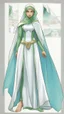 Placeholder: (Comic book art style), (Art Station style soap panel), full body view, full shot, front view, back view, character design, character sheet, woman wearing veil, light blue veil, green eyes, veil covering her chest and body Upper, with soft dress, strong highlights, sharp outlines, sharp shadows, 8K, high quality, solid white background, (cell shading).