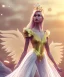 Placeholder: A crystalised queen, atmospheric, realistic, unreal engine, cinematic lighting, octane render, transparent long dress, blonde, full body, bright wings, smile, long hair