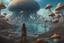 Placeholder: woman in a tight suit, on the shores of an alien world, with mushrooms, with jellyfish tentacles floating in the air, photorealistic, Detailed Matte Painting, Deep Colour, Fantastical, Intricate Detail, sunshine, blue sky